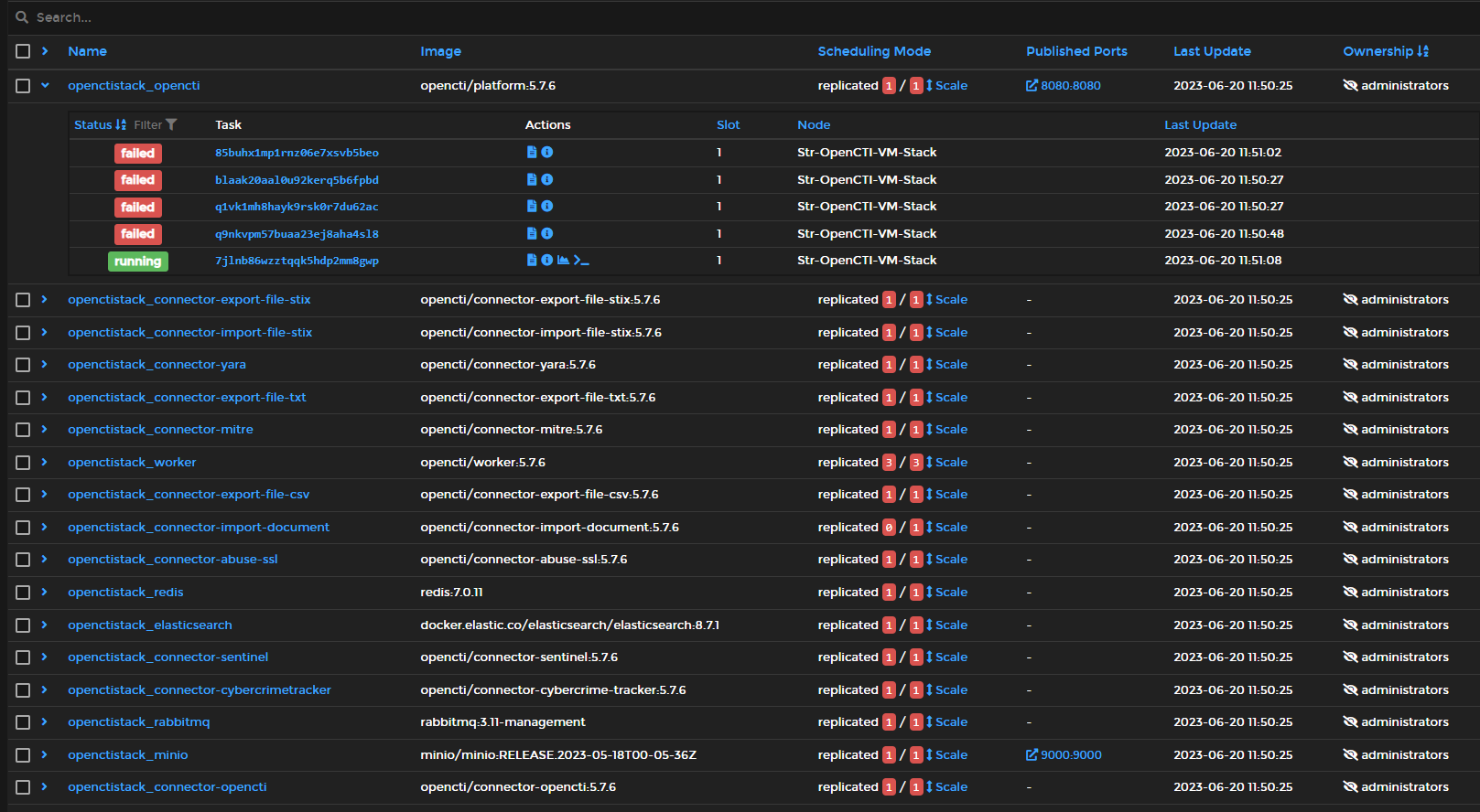 OpenCTI Containers in Portainer